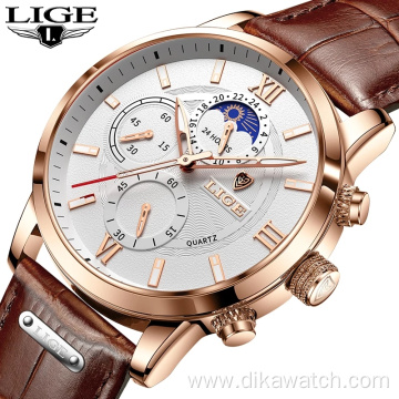 2021 LIGE Watches Mens Top Brand Luxury Clock Casual Leather 24Hour Moon Phase Men Watch Sport Waterproof Quartz Chronograph+Box